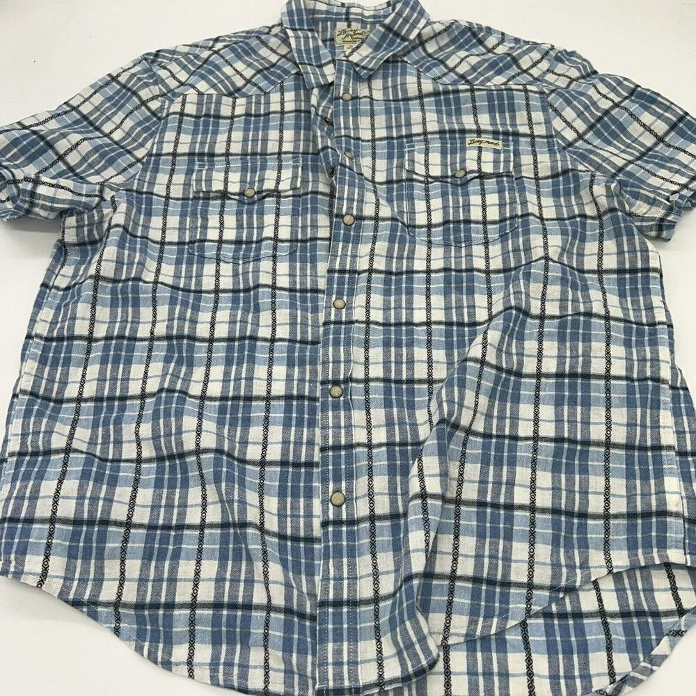 Lucky Brand Pearl Snap Shirt Mens XL Blue Slim Short Sleeve Pockets Linen Blend